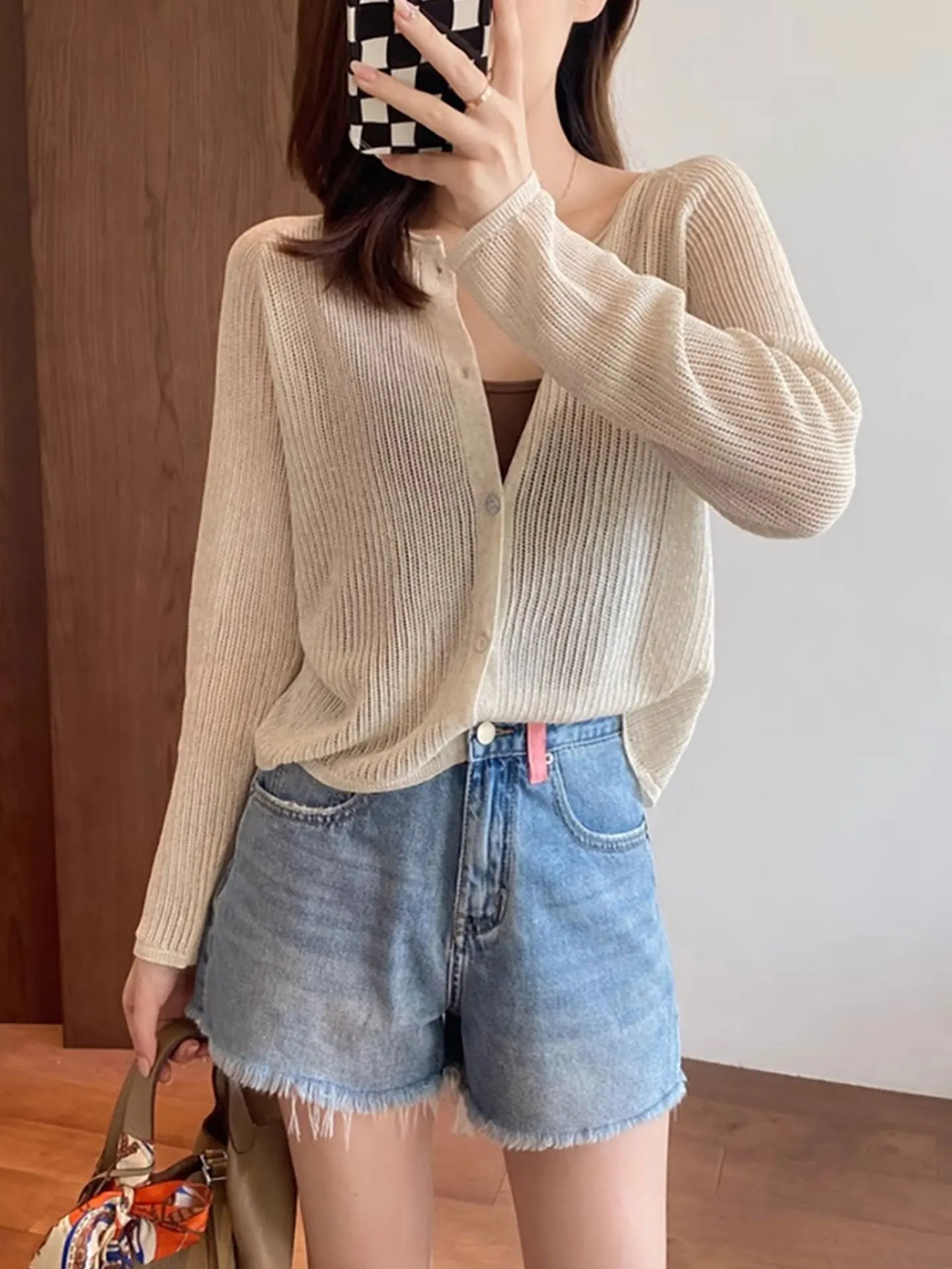 Открытый кардиган для похудения, легкий дышащий солнцезащитный свободный вязаный кардиган, женская модная летняя футболка 202, с одной пуговицей