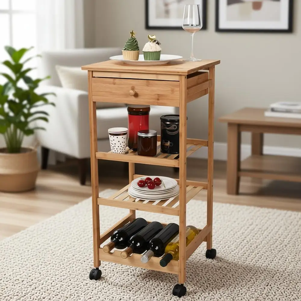

Brown Wooden Kitchen Cart with Drawer and Basket - Portable Island for Counter Space and Spice Storage