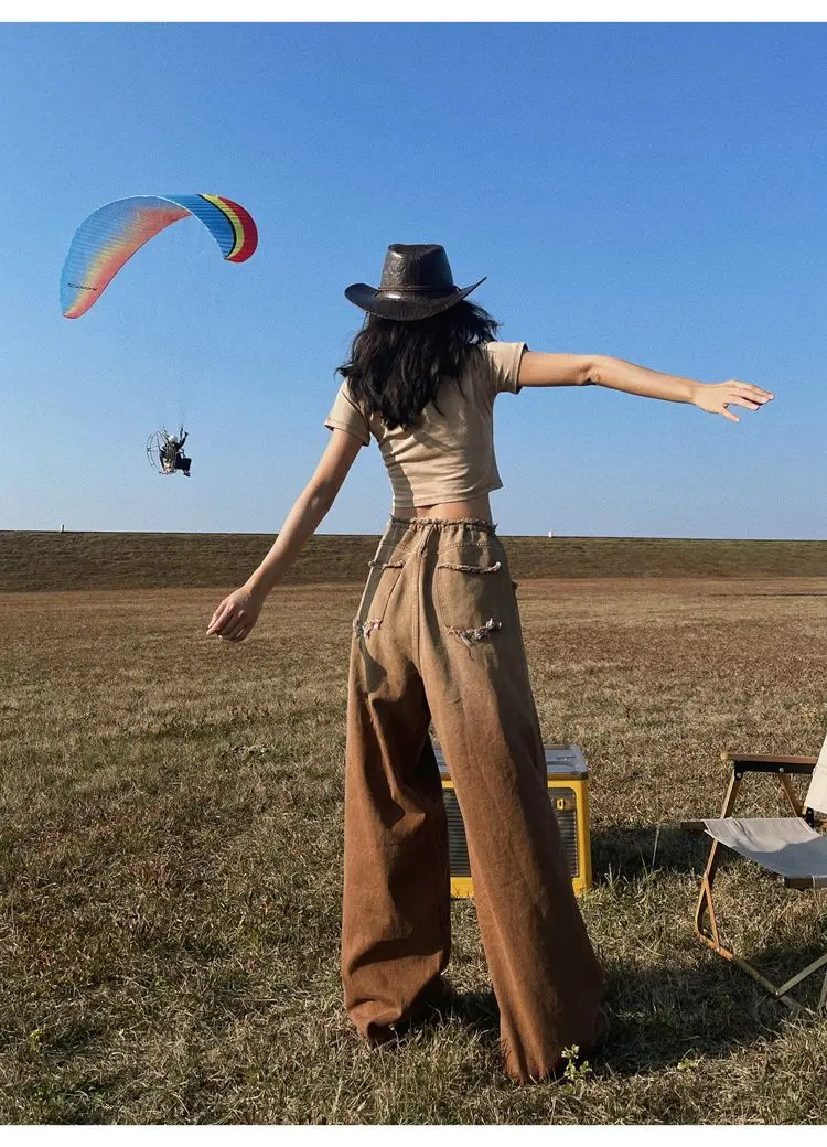 Y2k Brown Vintage Jeans Hip Hop Denim Pants Female 90s Street Style Wide Leg Trousers Women High-Waisted Straight-Leg