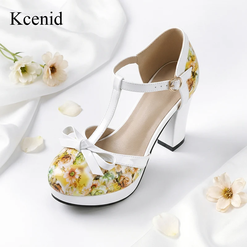

Летние сандалии на платформе Kcenid для женщин, сексуальные туфли на высоком каблуке с Т-образным ремешком, с круглым носком, с принтом и бантом, для вечеринок и свадеб, большие размеры 33-46