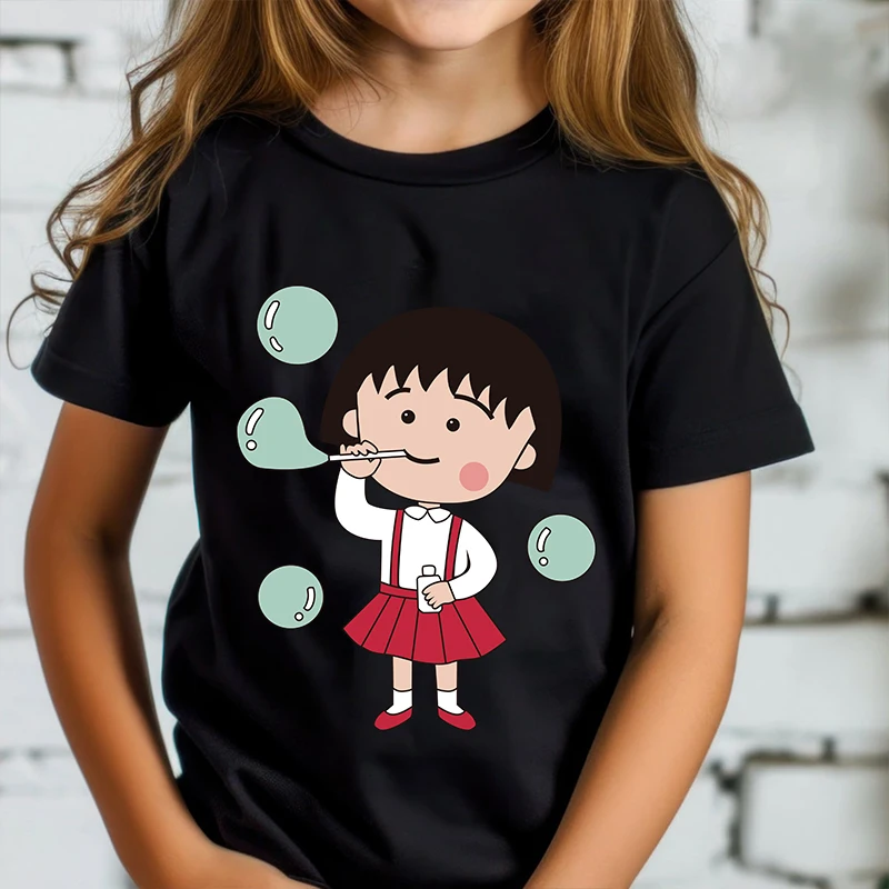 

Chibi Maruko-chan printed kids T-shirt Summer children's cotton short-sleeved black casual tops suitable for boys and girls