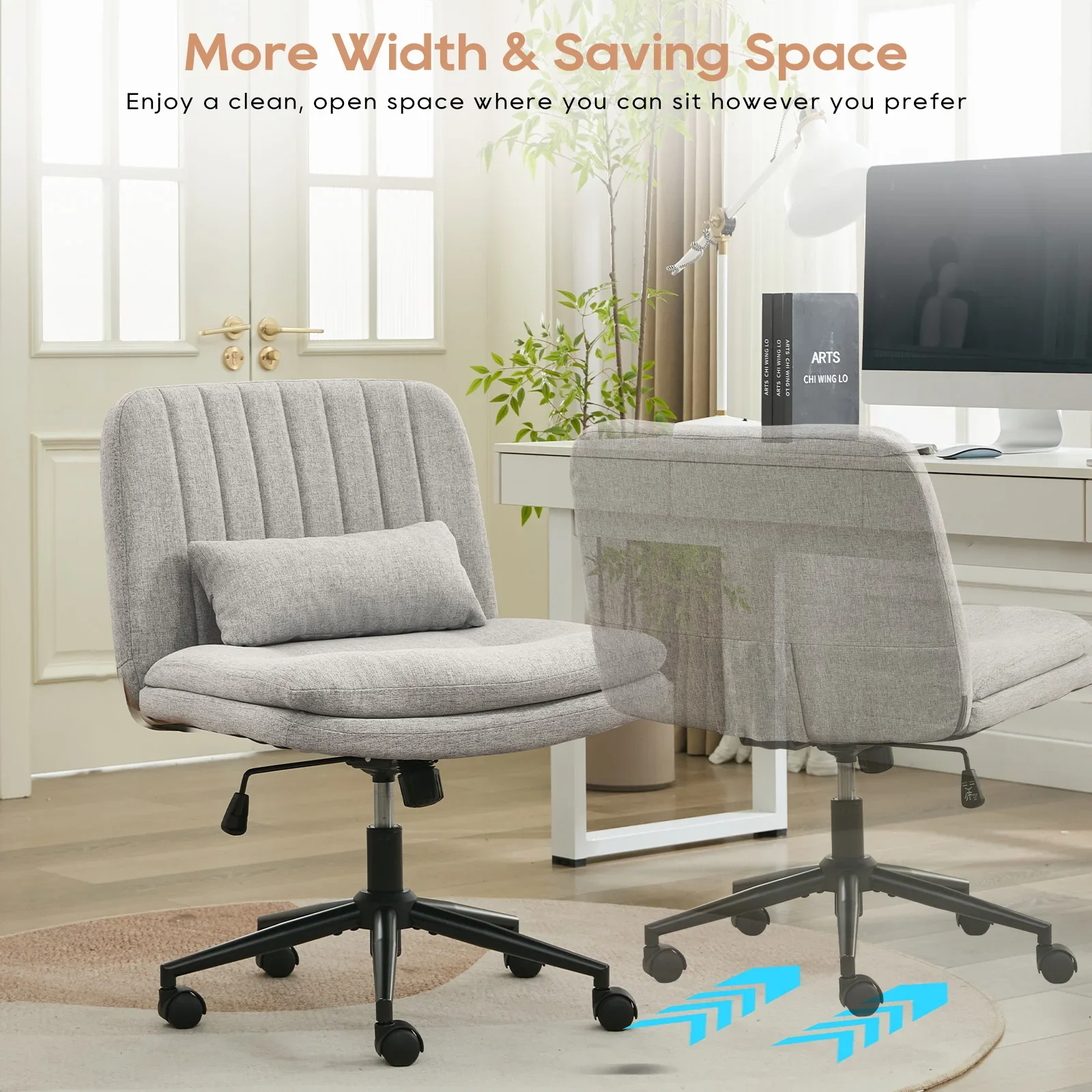 TCGBKAF Gray Criss Cross Chair Armless Desk Office with Wheels And Lumbar Pillow Adjustable Swivel Task Vanity Linen Chair