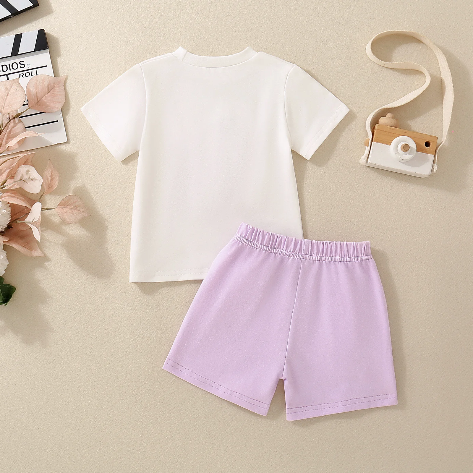 Summer Neutral Dinosaur Embroidered White Short Sleeve T-Shirt And Purple Shorts Set for Infants Casual Two-Piece Outfit