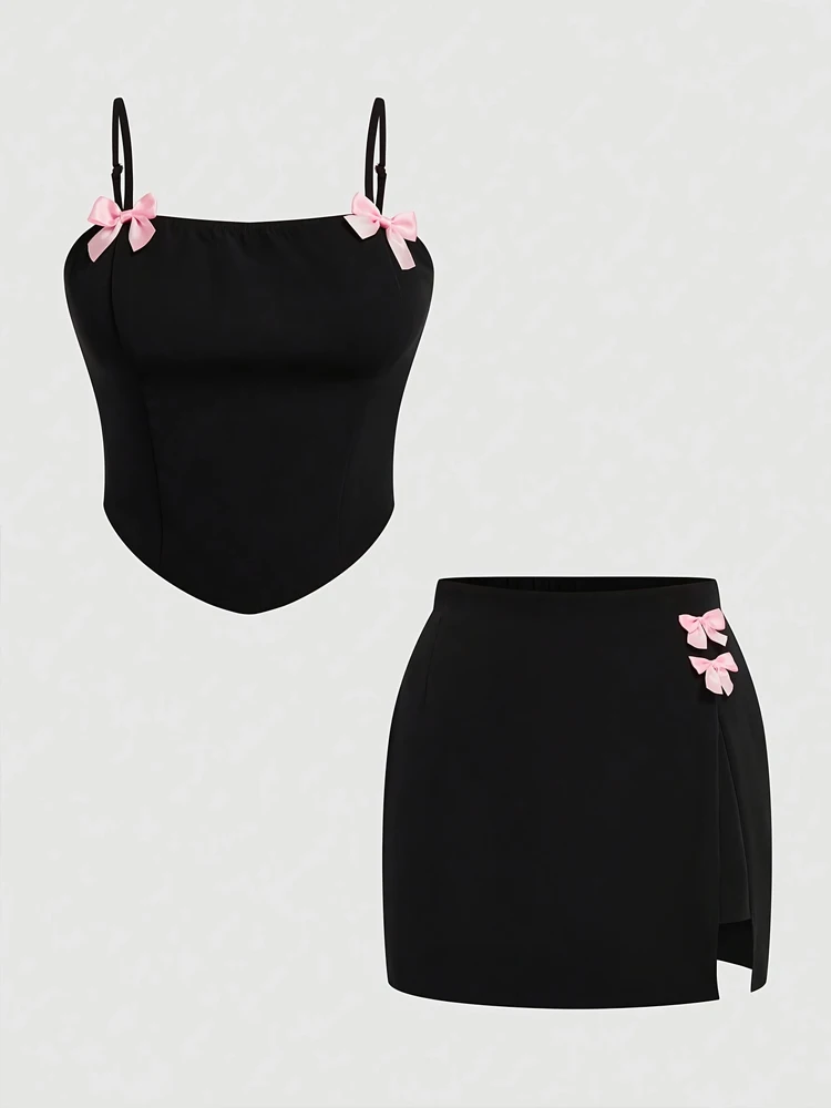 

Новый большой размер, тонкий бант, украшение, подтяжки + юбка с разрезом, летний элегантный милый вечерний черный комплект, мини-юбка, платье на день рождения