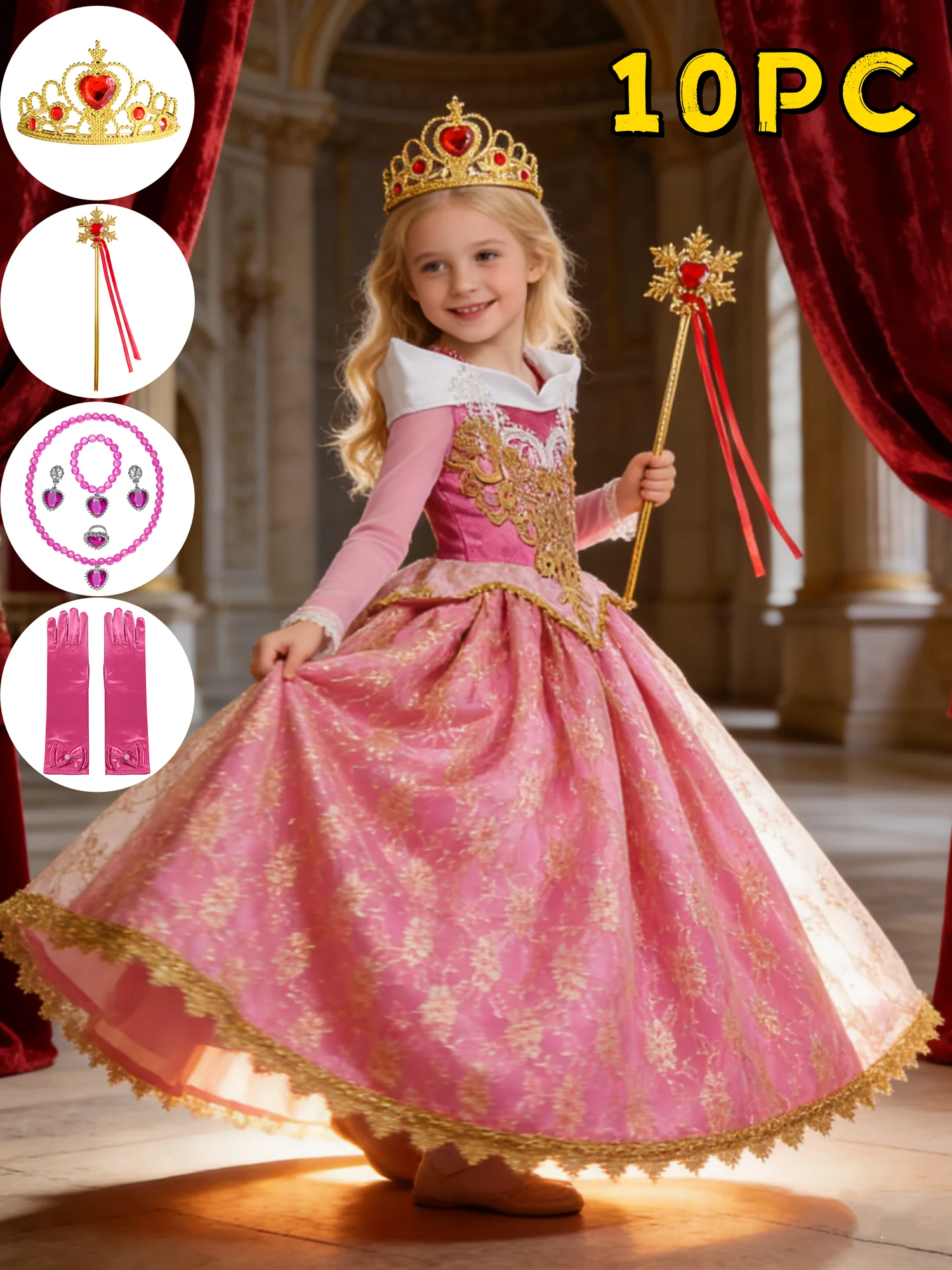 Luxury Girls Princess Costume Ball Gown Dress Fancy Birthday Carnival Party Off Shoulder Golden Applique Children Outfits Dress