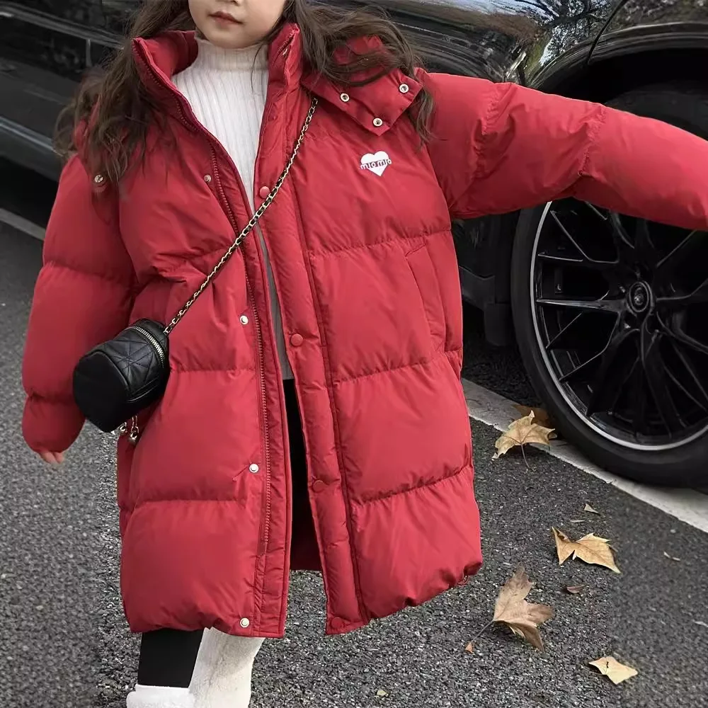 Winter Children Girl Parka Cotton Padded Love Printed Infant Baby Girl Long Jackets Loose 4-14Y Girls Thicken Warm Kid Girl Coat