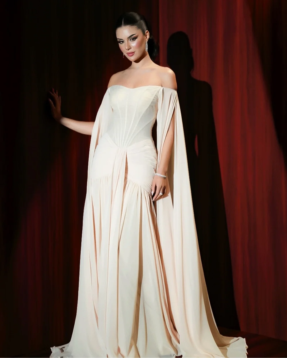 Personalizado estilo chinês chiffon plissado a linha fora do ombro vestidos longos sob medida ocasião noite moda unisex