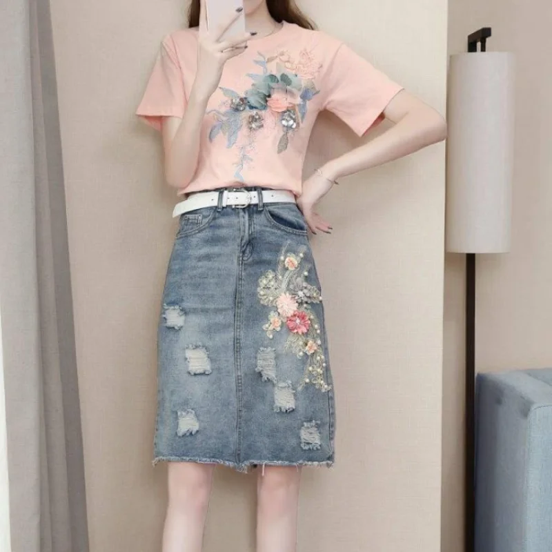 Kawaii Commuting 2 Pieces Sets for Women Short Sleeve Skirt Denim Lightly Cooked Cotton Woman Outfit Jacket New in The Same Full