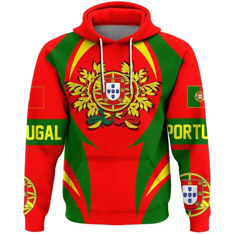 

Men Pride Hoodie Clothes Portugal Flag National Emblem Print Drawstring Pullover Coat Red Themed Graphic Spring Fashion Hoodies