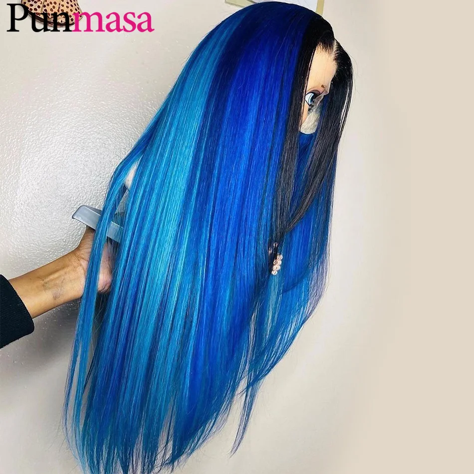 Peruca de cabelo humano reta sem cola para mulheres, frente de renda, pré-arranca, renda transparente, destaque azul, 13x6, Go 5, 13x4