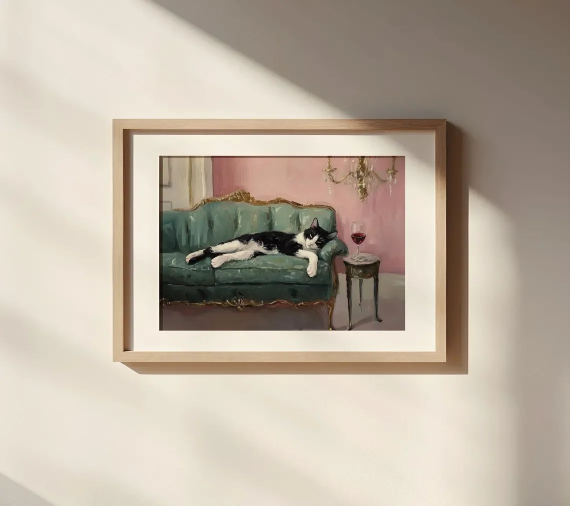 Tuxedo Cat with Red Wine Art Print | Cute Quirky Whimsical | Cocktail Art Bar Cart Decor | Fine Art Print Gift | Trendy Home Wal
