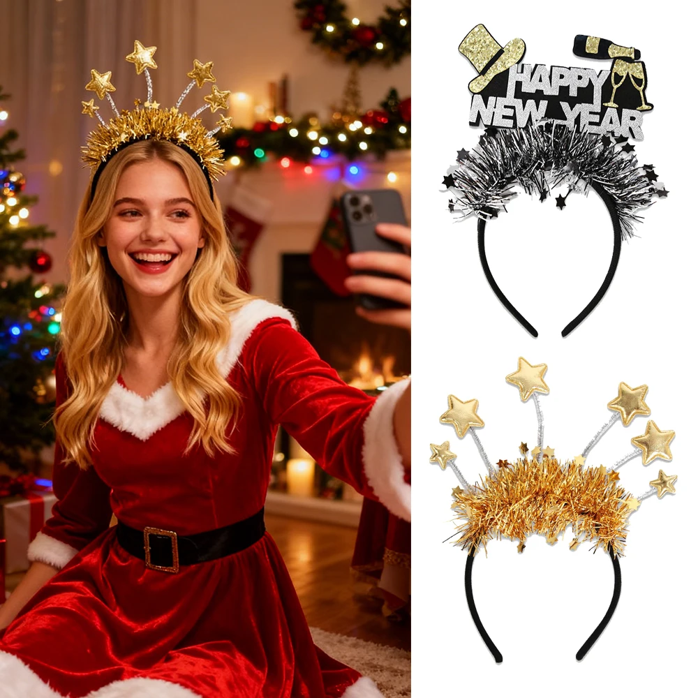 

New Year's Eve Headband Comfortable 2026 Celebration Headband Black Gold Hair Band Shimmering New Year Party Headband