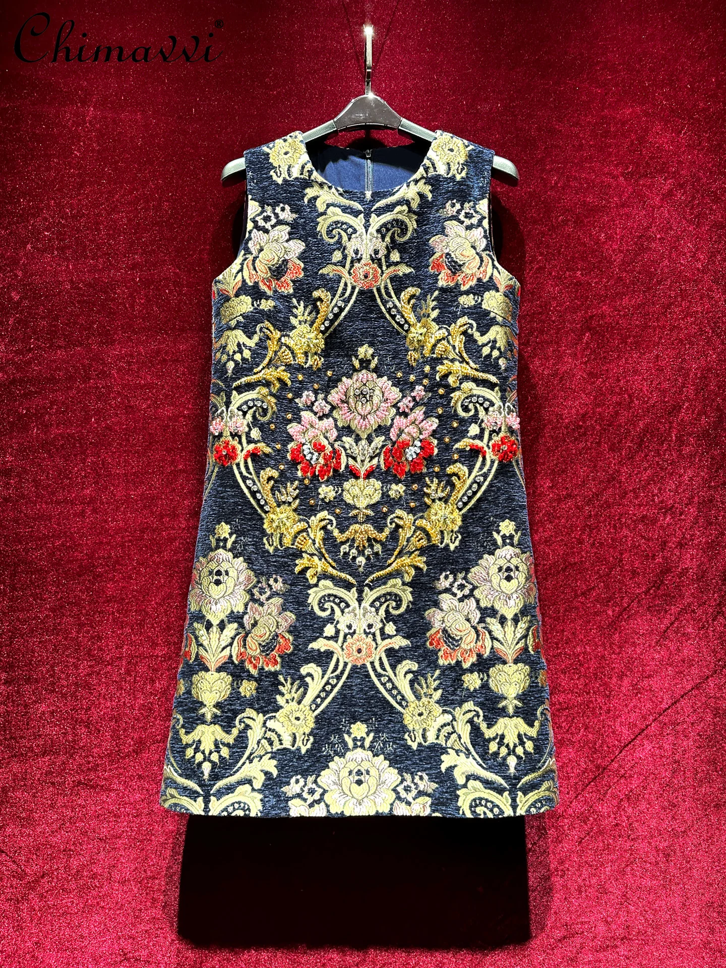 

High-End Jacquard Heavy Beading Luxury Sleeveless A-Line Dress Autumn New Fashion Round Neck Slim Fit Elegant Vintage Dress