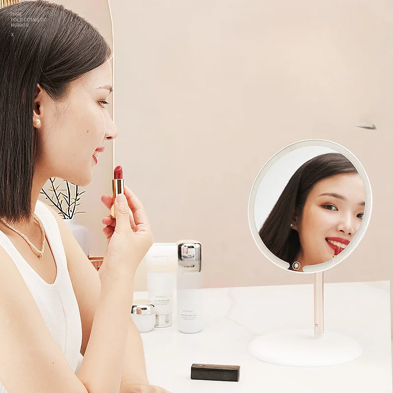 Portable desktop LED makeup mirror, infinite tone 3 color temperature, 90 degrees rotation, button button light-perfect travel