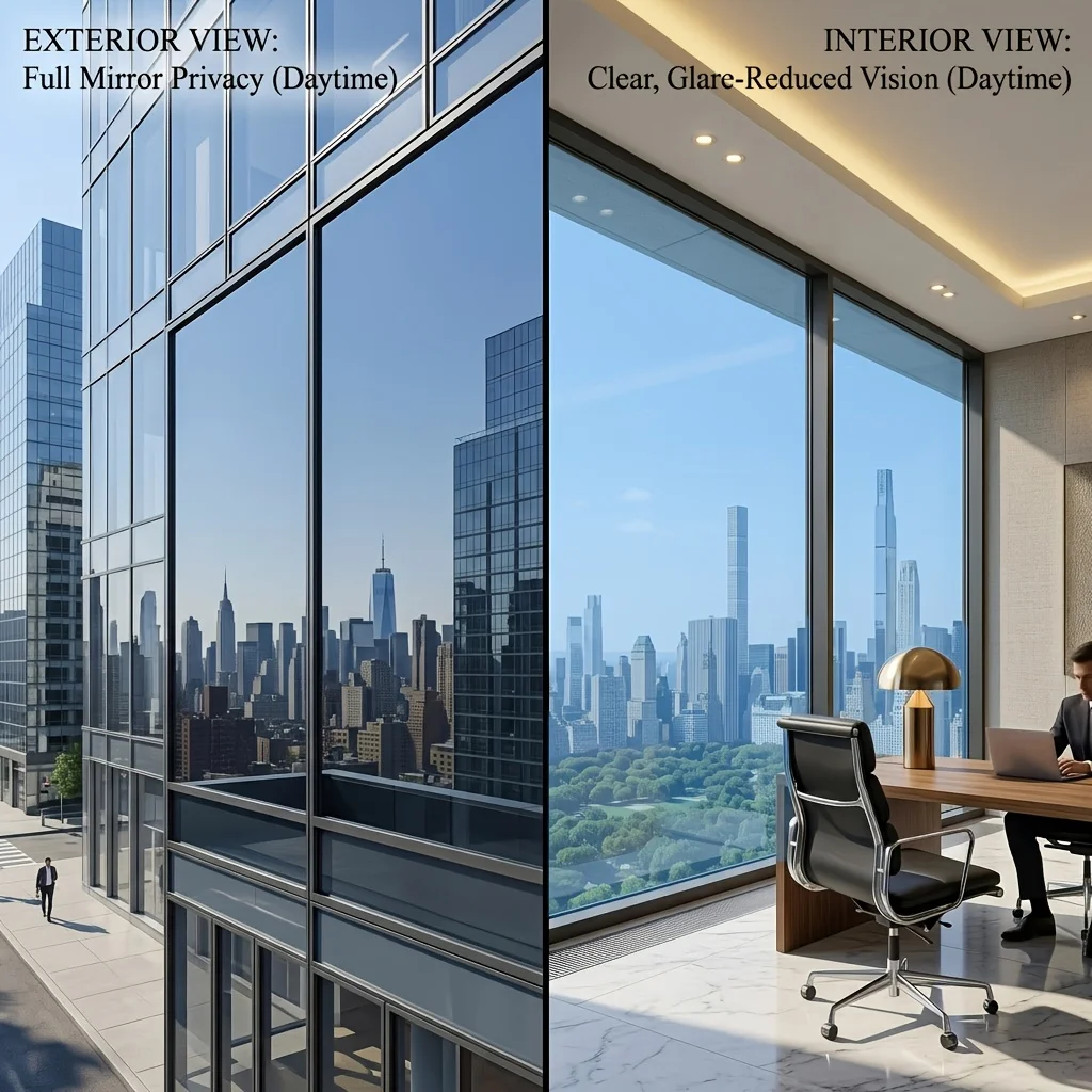 Daytime One Way Privacy Window Film Static Cling No Glue Removable Heat Control UV Protection for Home Office Hotel Glass