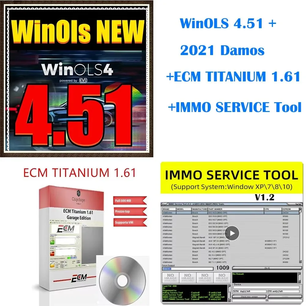 2023 Newest WinOLS 4.51 With Plugins Vmwar+ ECM TITANIUM+ IMMO SERVICE Tool+2021 Damos + ECU Remapping lessons + Video Guide Car