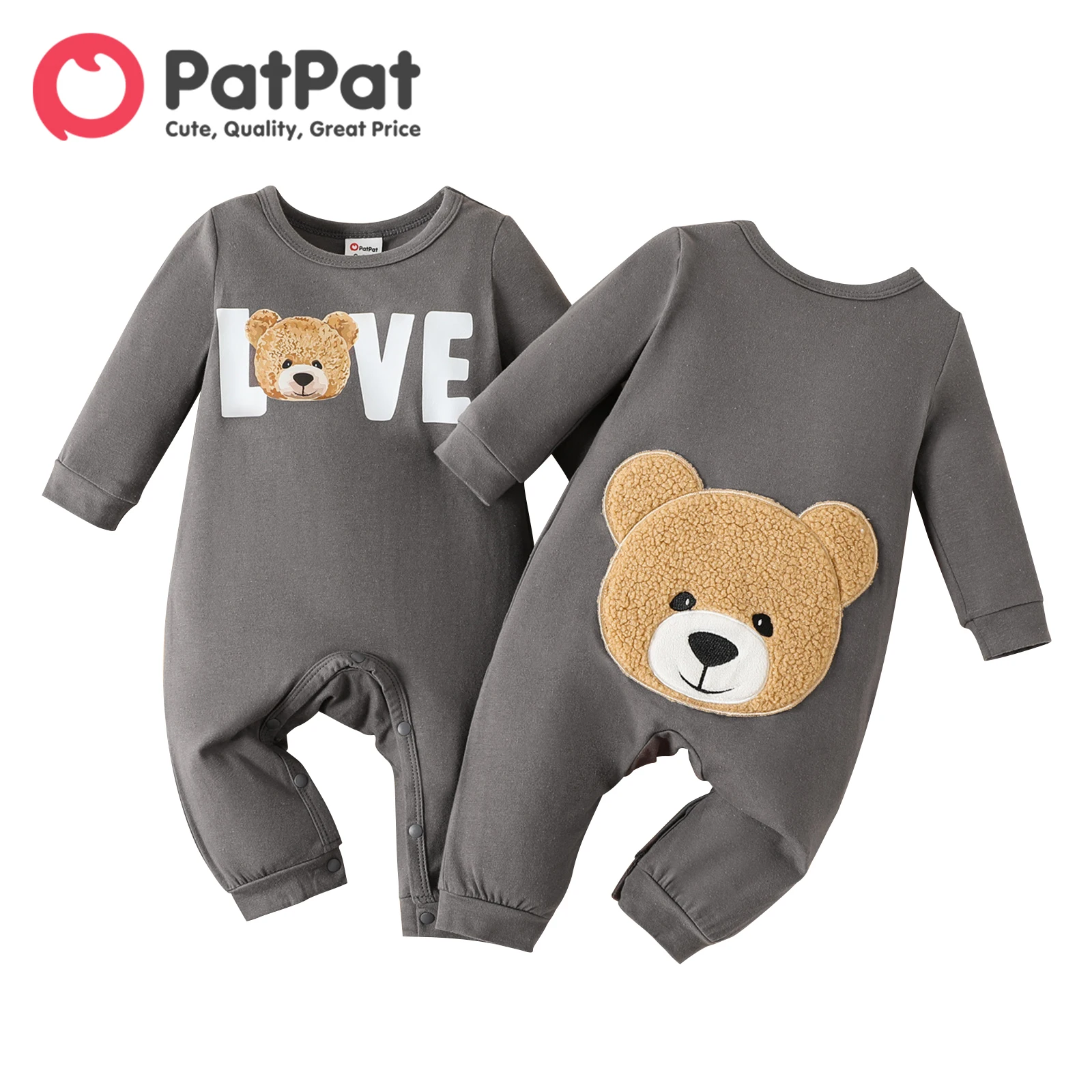 PatPat Newborn Baby Boy Clothes New Born Overalls Romper Infant 95% Cotton Bear Print Grey Long-sleeve Jumpsuit