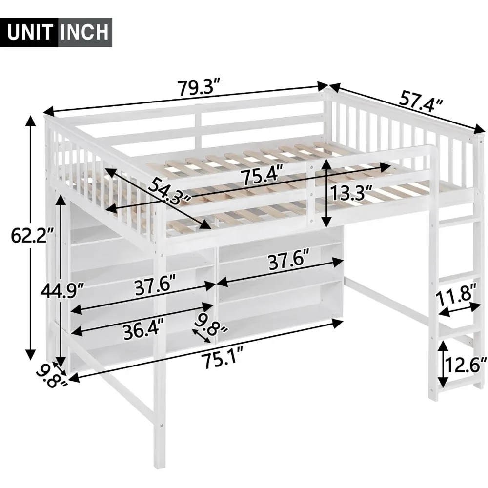 Solid Wood Loft Bed with Open Storage Shelves, Multi-Functional Lofts Beds Frame with Ladder, Full Size Loft Bed with Storage