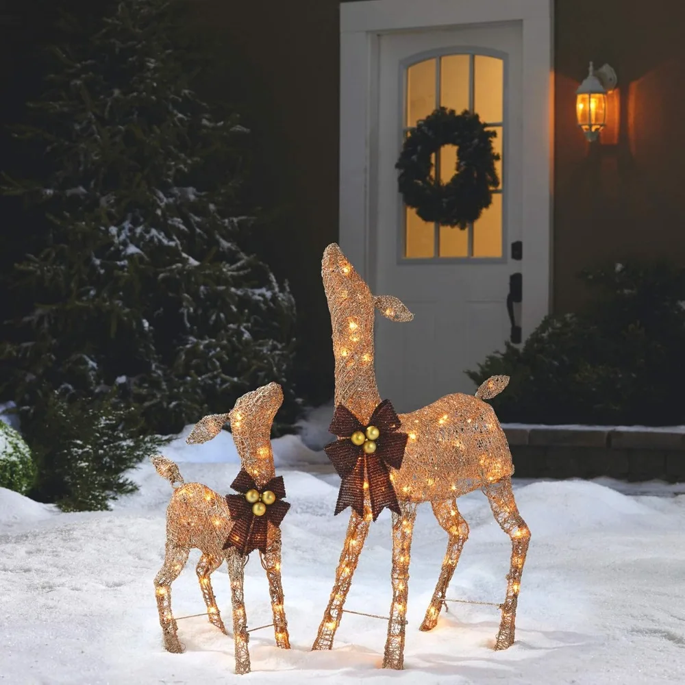 

Metal Doe and Fawn Christmas Decoration with Bright Warm White LED Lights, Outdoor Holiday Lawn Decoration, Gold with Red Bows