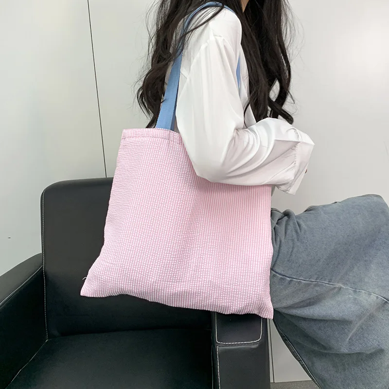 1pcs Soft Wrinkle-resistant Canvas Contrast Striped Shoulder Bag Open Top For Cosmetics Daily Items Fresh Style Women Handbag