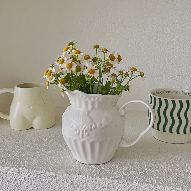 CuteLife Nordic White Relief Ceramic Flower Vase Vintage Home Decoration Milk Jug Porcelain Living