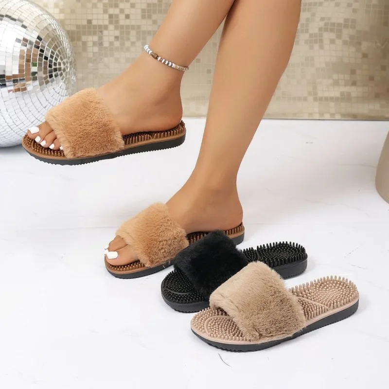 Massage Home Slippers Fur Slippers Women Platform EVA Soles Memory Foam Winter Cozy Open Toes Breathable Living Room Shoes