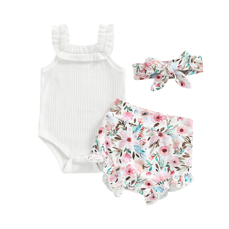 Baby Girls Shorts Set Sleeveless Romper Flower Rainbow Butterfly Print Shorts Hairband