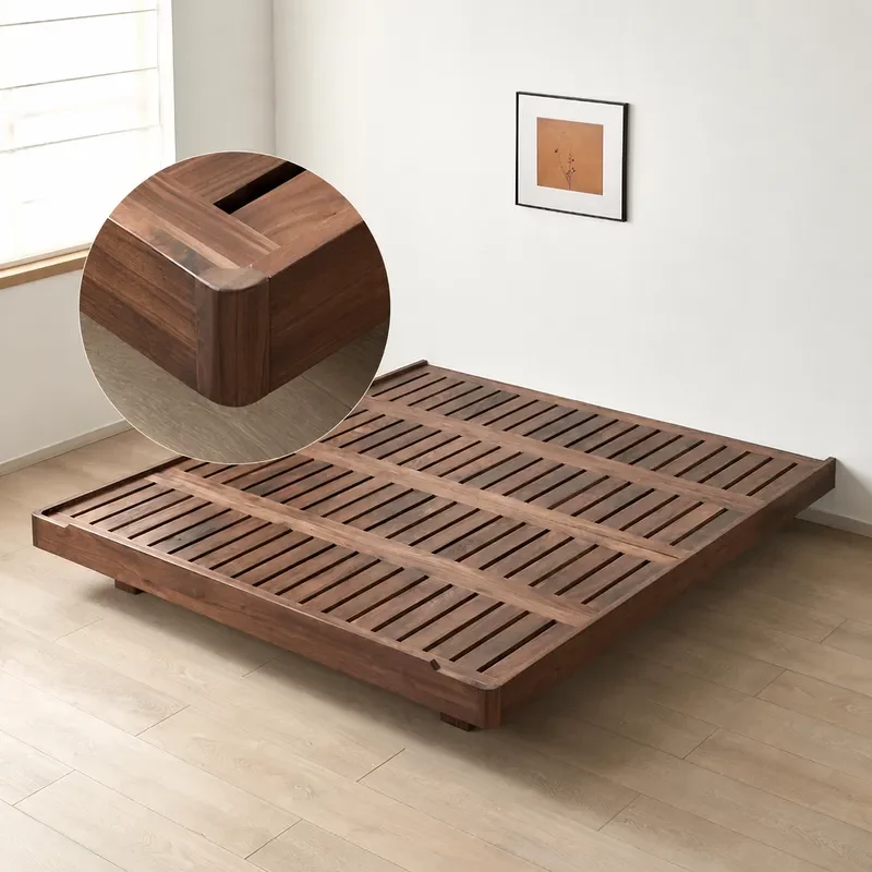 North American Black Walnut Floating Bed Frame Solid Wood Platform Bed Cherry Wood Tatami Style Low Profile Log Bed for