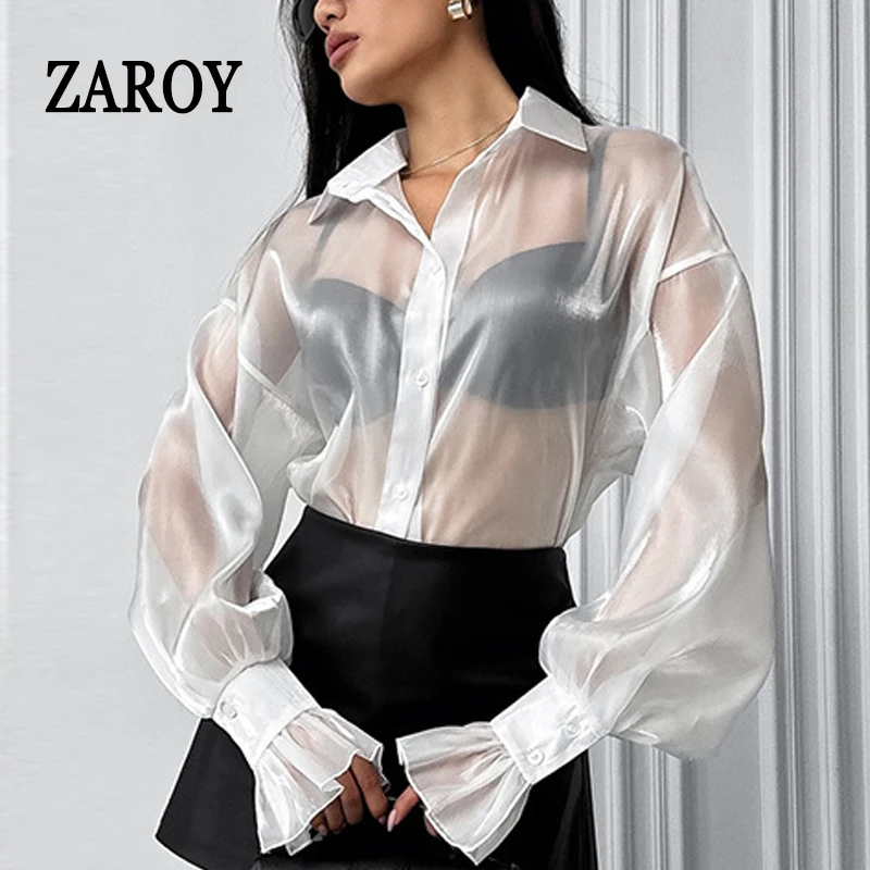 ZAROY Sexy See-though Women Shirt Perspective Organza Lantern Sleeve Elegant Blouses Summer Loose Casual Sunscreen Shirt рубашка
