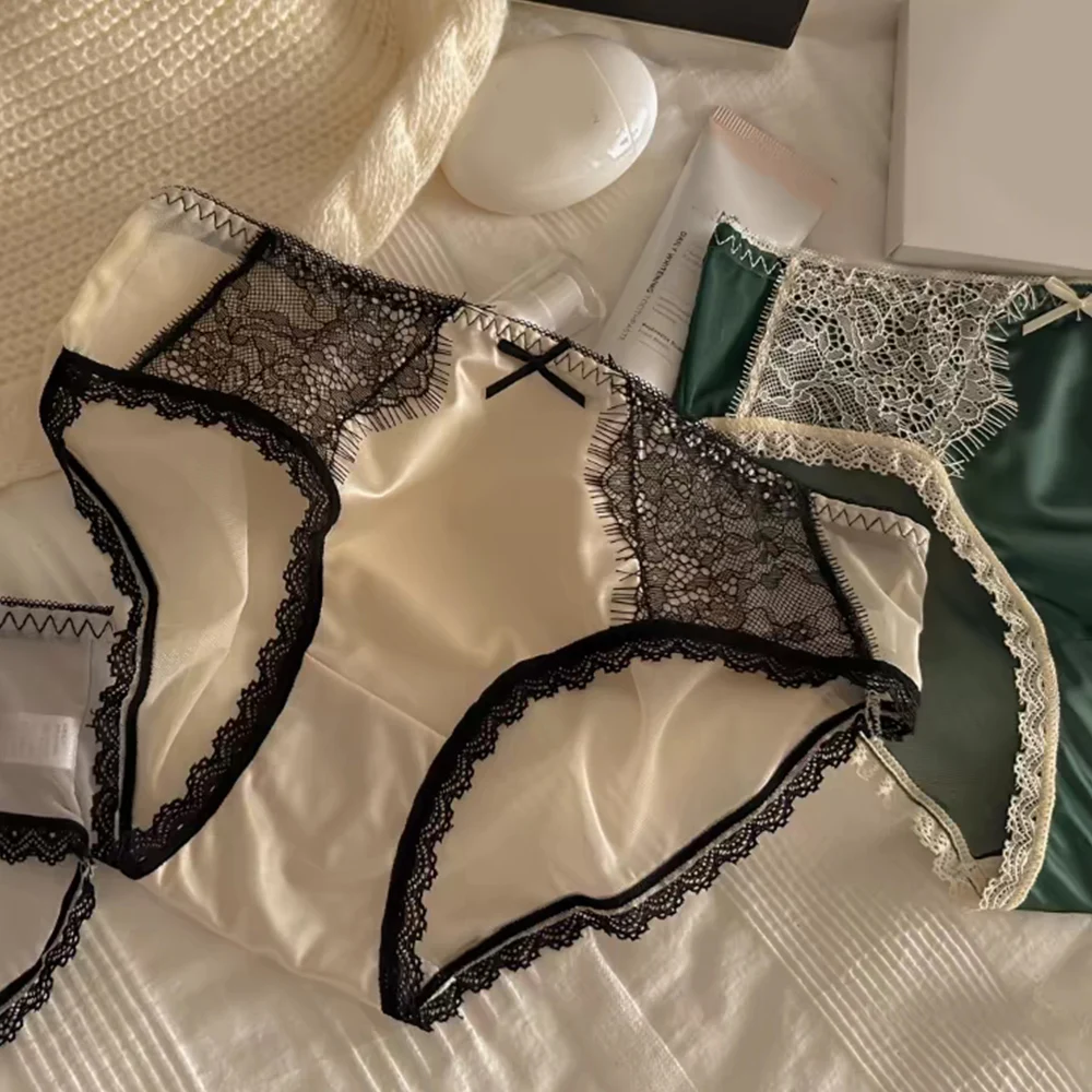 Vintage Satijn Slipje Ademend Ondergoed Vrouwen Franse Sexy Kanten Strik Lingerie Vrouw Mid-Taille Dunne Mesh Slips Nieuw Sexy