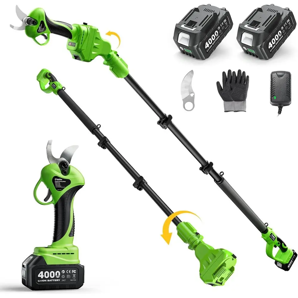 

Cordless Electric Pruning Shears: 2-in-1 9ft Pole Pruner 1.2" Cutting Diameter - 2 Pcs 4.0Ah Batteries, Extra SK5 Blade, 3 Cutti