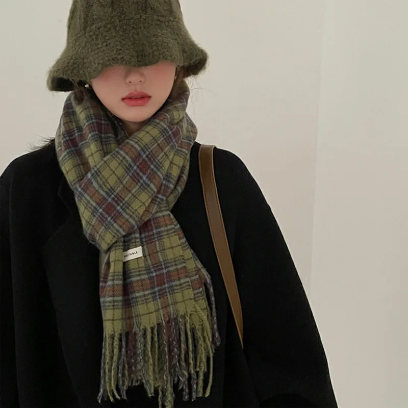 Vintage Green Plaid Scarf Women Autumn Winter Neck Warmer Fashion Tassel Soft Pashmina Shawls And Wraps Female Blanket 200cm