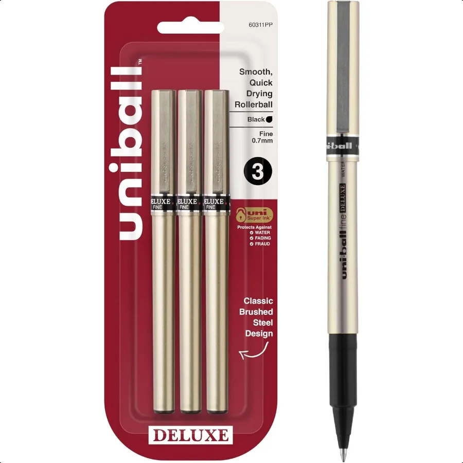 

Uniball Deluxe 0.7mm Fine Point Rollerball Pen 3 Black Smooth Writing Waterproof Ink Office plies Ballpoint Pen