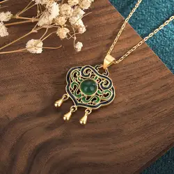 Classic Silver Inlaid Natural Chrysoprase Vintage Court Style Enamel Ruyi Necklace Ladies Tassel Pendant Wedding Jewelry