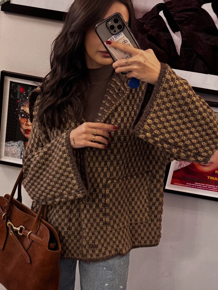 Brown Color Block Tweed Jacket Wide Collar Relaxed Fit Elegant  Vintage Commuter Women Casual Fall Knit Outerwear Coat 260602