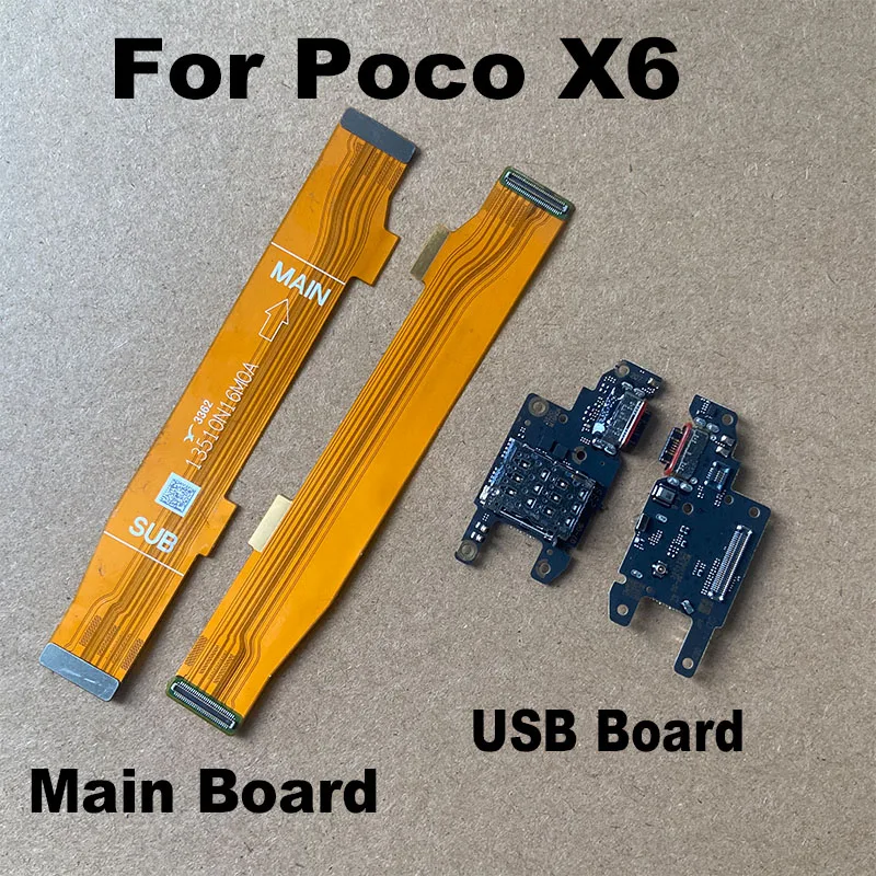 For Xiaomi Poco X6 5G Mian Mother Motherboa + USB Charging Dock Port Mic Microphone Connector Board Flex Cable Replacement