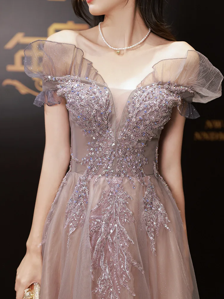 Abito da sera viola 2024 Nuovo temperamento host da donna per banchetti in stile socialite