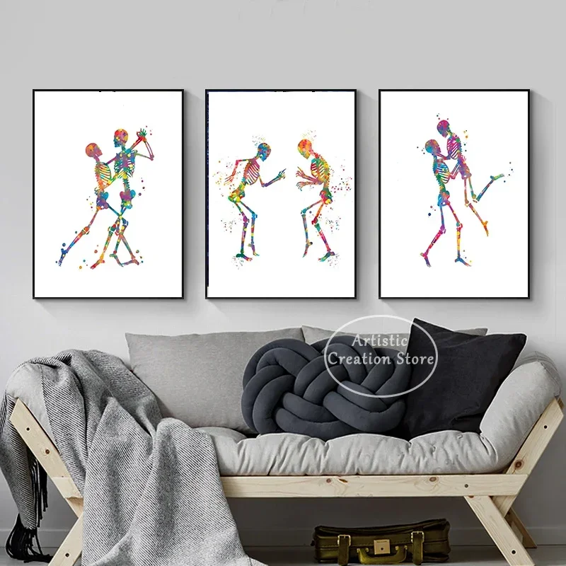 Funny Human Skeleton Canvas Painting Prints Anatomy Art Medical Pictures Twist Dance Poster Orthopedist Gift Office Room Decor