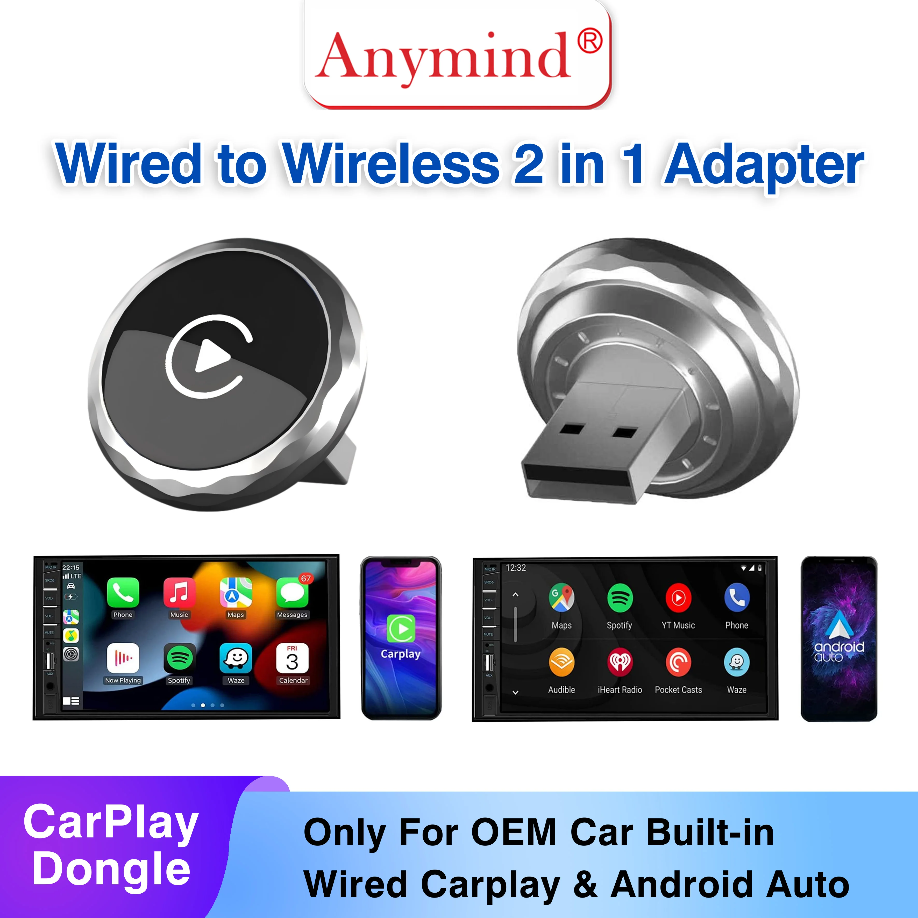 

Усовершенствованный беспроводной адаптер CarPlay, двухдиапазонный Wi-Fi, автоматическое подключение, Plug&Play, USB/USB-C для iPhone и Android, для всех автомобилей с проводным CarPlay.