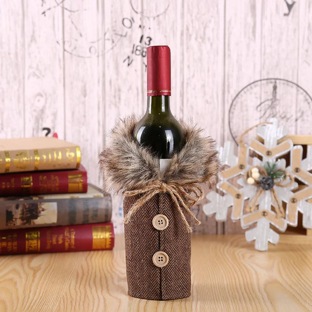 Xmas Wine Bottle Cover Linen Fabric Faux Fur Collar Bowknot Style Holiday Table Decor Creative Party Photo Props
