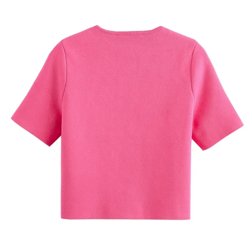 패션 여성 핑크 탑 반팔 원버튼 장식 니트 셔츠 휴가용 탑