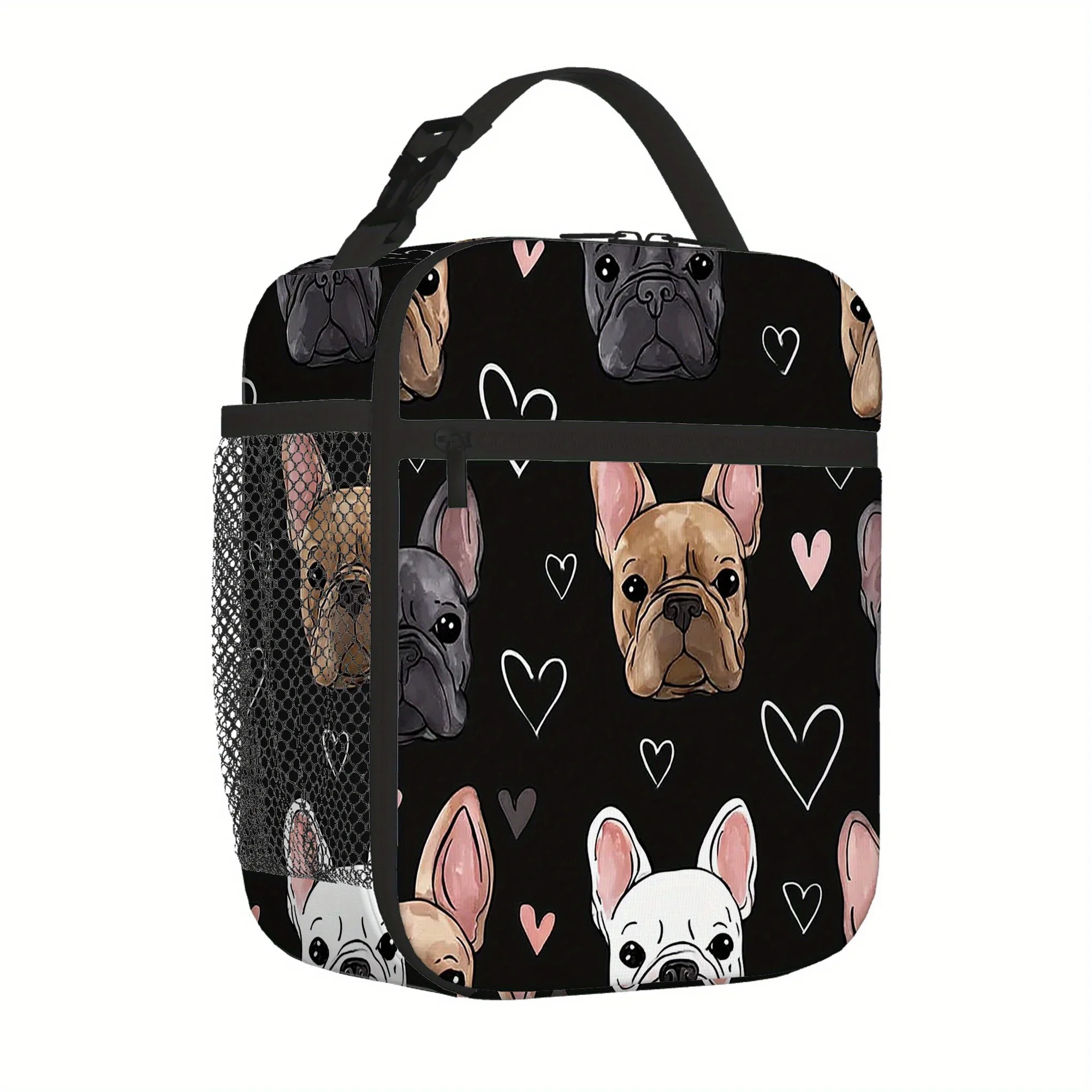 1pc French Bulldog & Heart Pattern Insulated Lunch Bag - Reusable, Non-Food Contact, Polyester Cooler Bag with Black Handles for