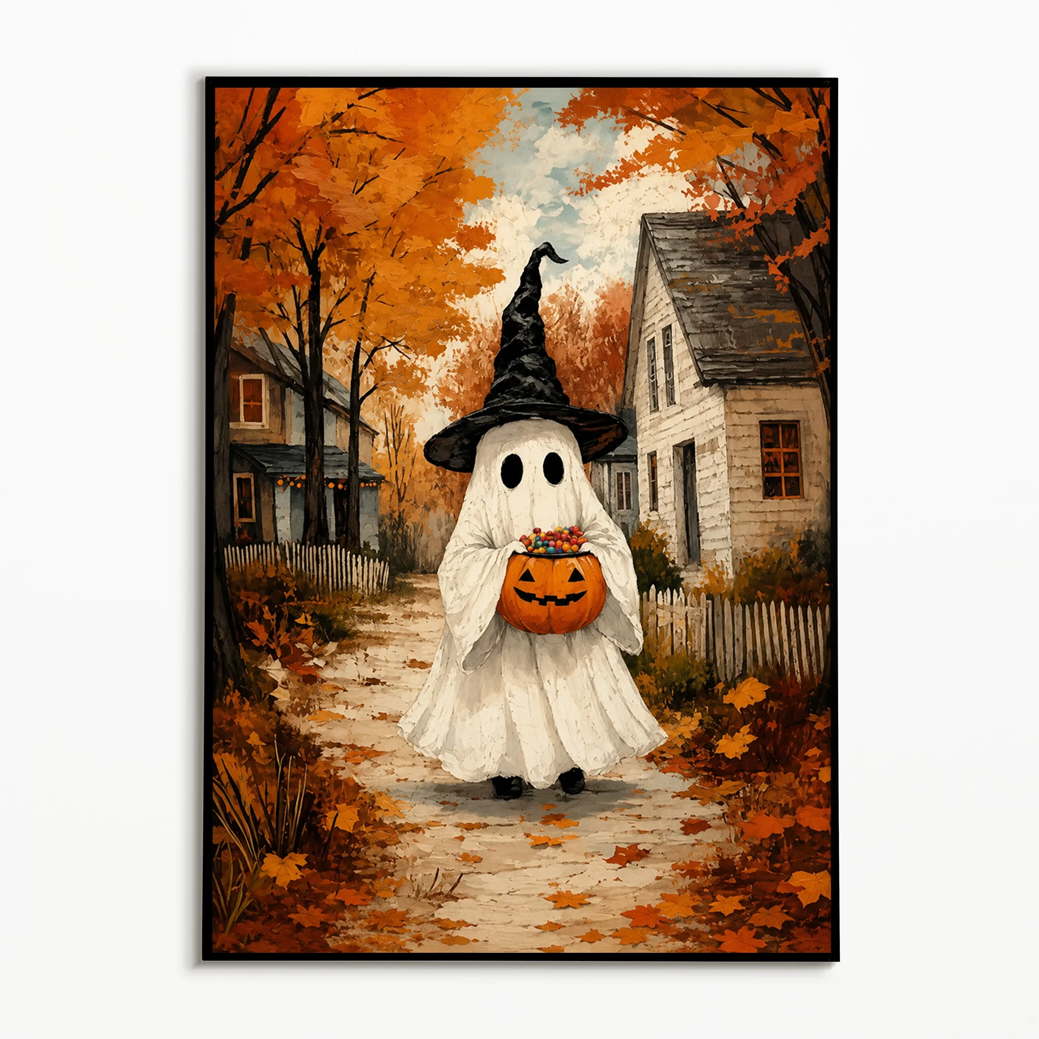 1PC Autumn Countryside Cute Ghost Poster  Halloween Vintage Pumpkin Black Cat Wall Art  Frameless Canvas Printing Fall Decor