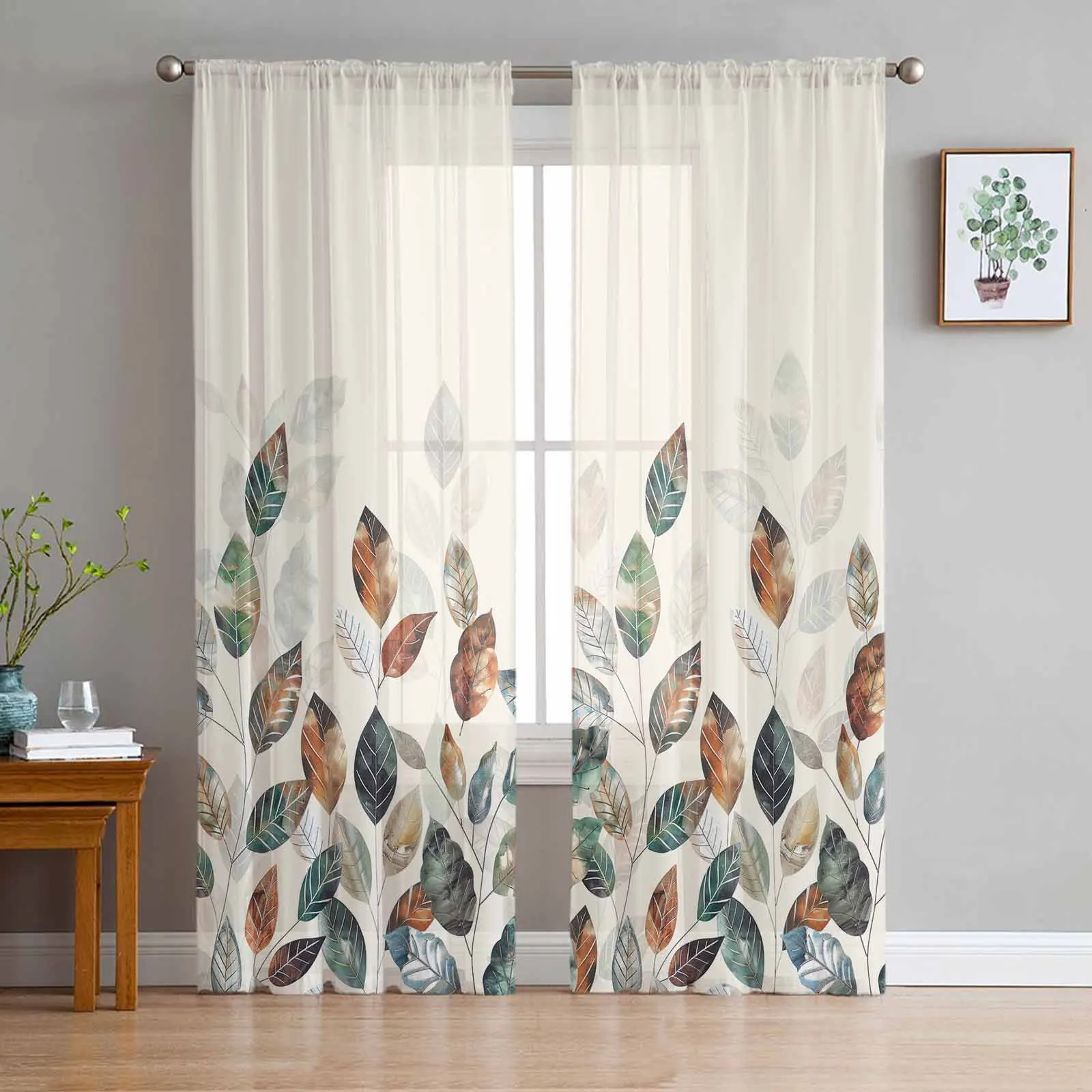 Autumn Thanksgiving Blue-Green Yellow Leaf Plants Sheer Curtains for Living Room Home Decor Window Voile Tulle Curtain Drapes