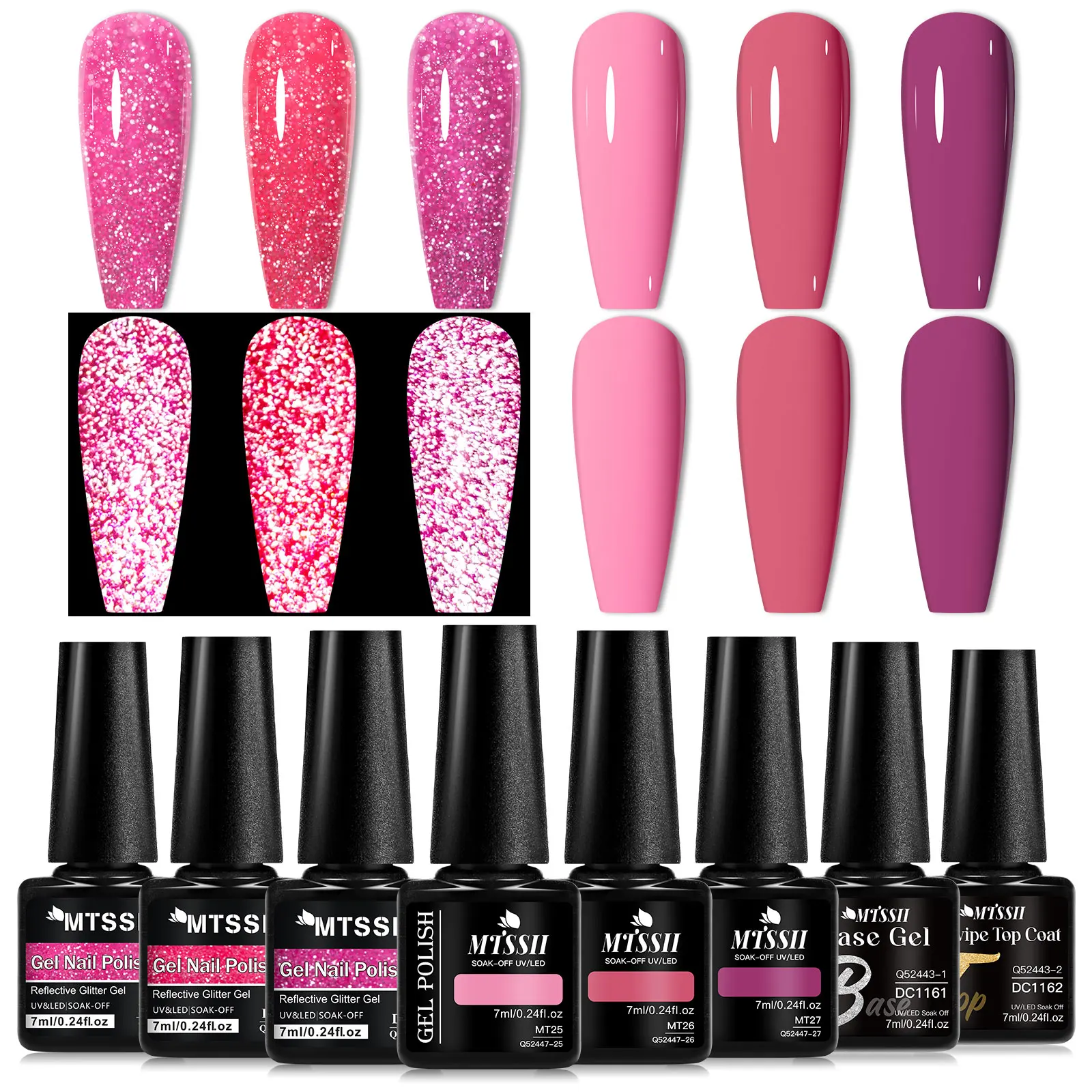 

8pc Color Nail Gel & Base Top Coat Set Long Lasting Glitter Reflective Nail Supplies UV/LED Gel Kit for Manicure DIY Design