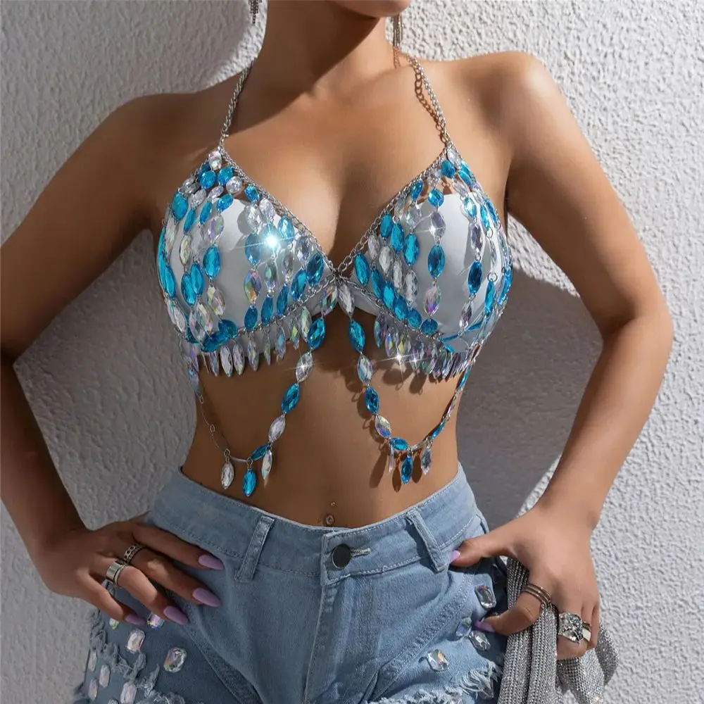 

Rainbow Gradient Gemstone Body Chain, Slimming Halter Neckline Sexy Tank Top, Strategic Backless Y2k Music Festival Chest Chain