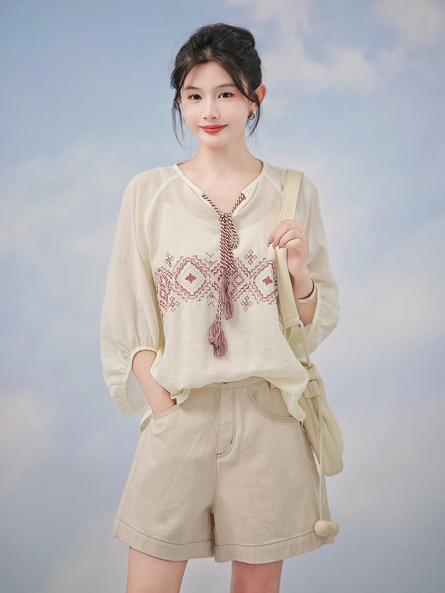 

Cloud Travel Small irt Silk Heavy Embroidery V-ne Color Blo Belted Office Wear Simple Sle Summer irt