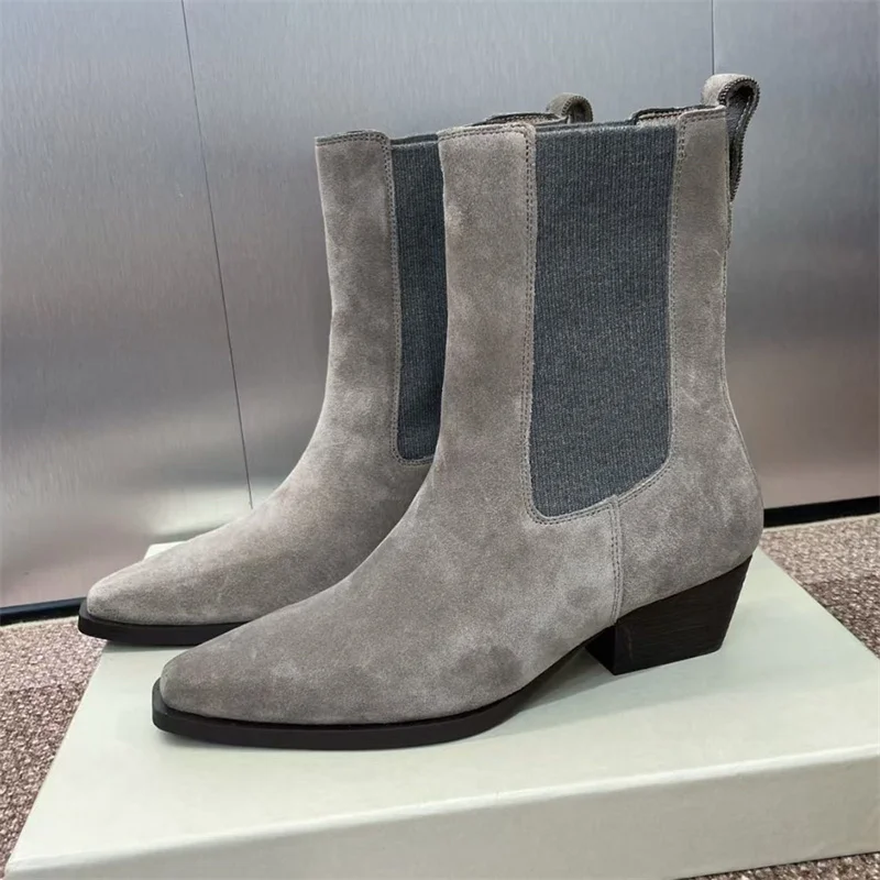 

Классические короткие сапоги на квадратном каблуке, женские подиумные туфли с острым носком, женские замшевые кожаные ботильоны на высоком каблуке с бусинами