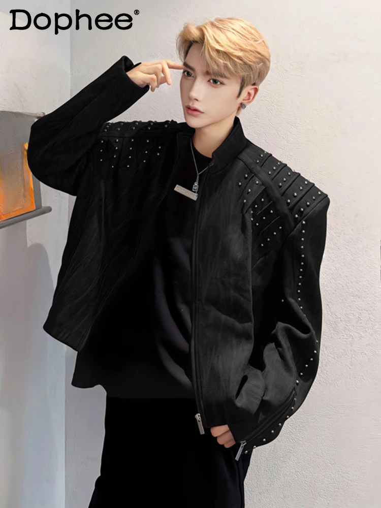 

Men's 2025 Autumn New Padded Shoulder Motorcycle Faux Leather Jackets Metal Rivets Flight Jackets Solid Color Handsome Coats