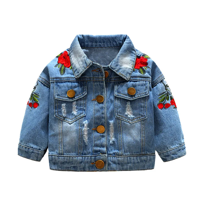 Children's Clothing Spring and Autumn Denim Ripped Jacket Top Button Rose Denim Jacket Cardigan Girls' Clothing